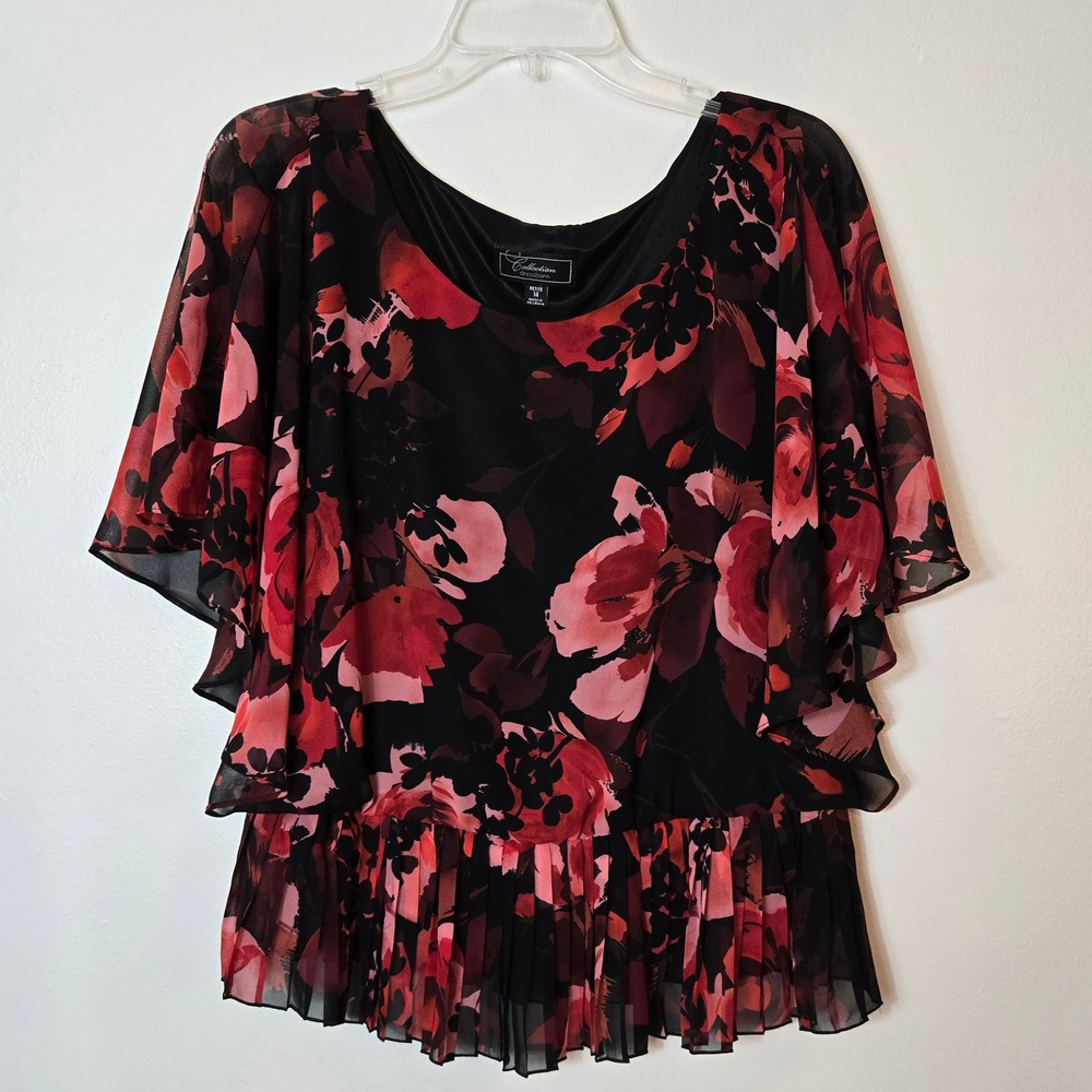 Dressbarn Collection‎ Sz Petite 14 Floral Chiffon Peplum Top TA61A570P Red Black